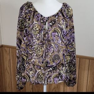 EUC Michael Kors Blouse Multicolor Paisley Print Semi Sheer Keyhole Front Medium